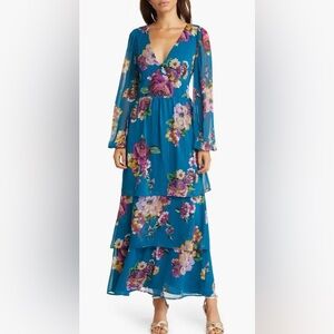 NWT Fourteenth Place Balboa Tiered Floral Print Long Sleeve Chiffon Maxi Dress